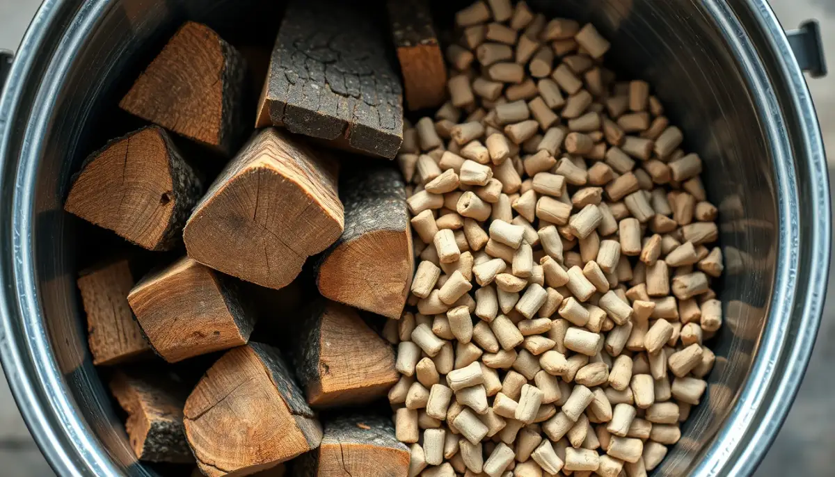 Comparaison entre des bûches de bois et des granulés dans un seau