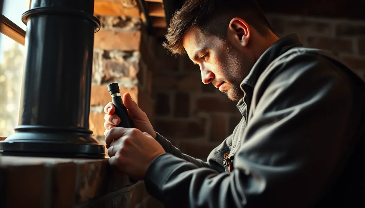 Ramoneur professionnel inspectant un conduit de cheminée avec une lampe torche