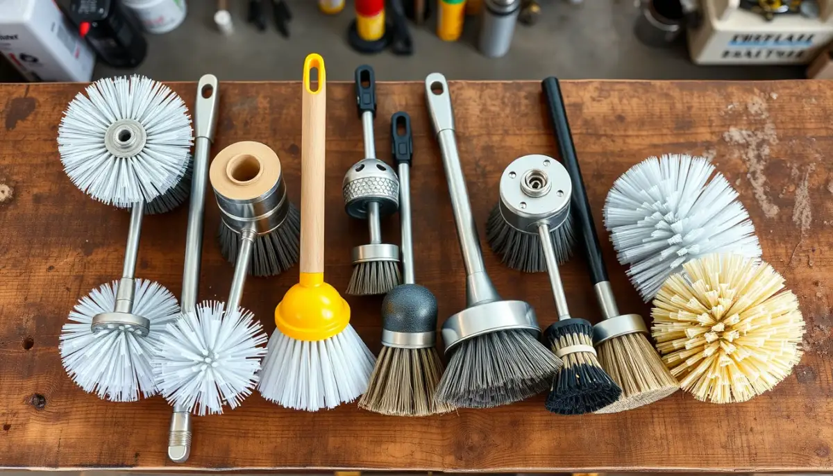 Différents hérissons de ramonage de tailles et matières variées posés sur un établi