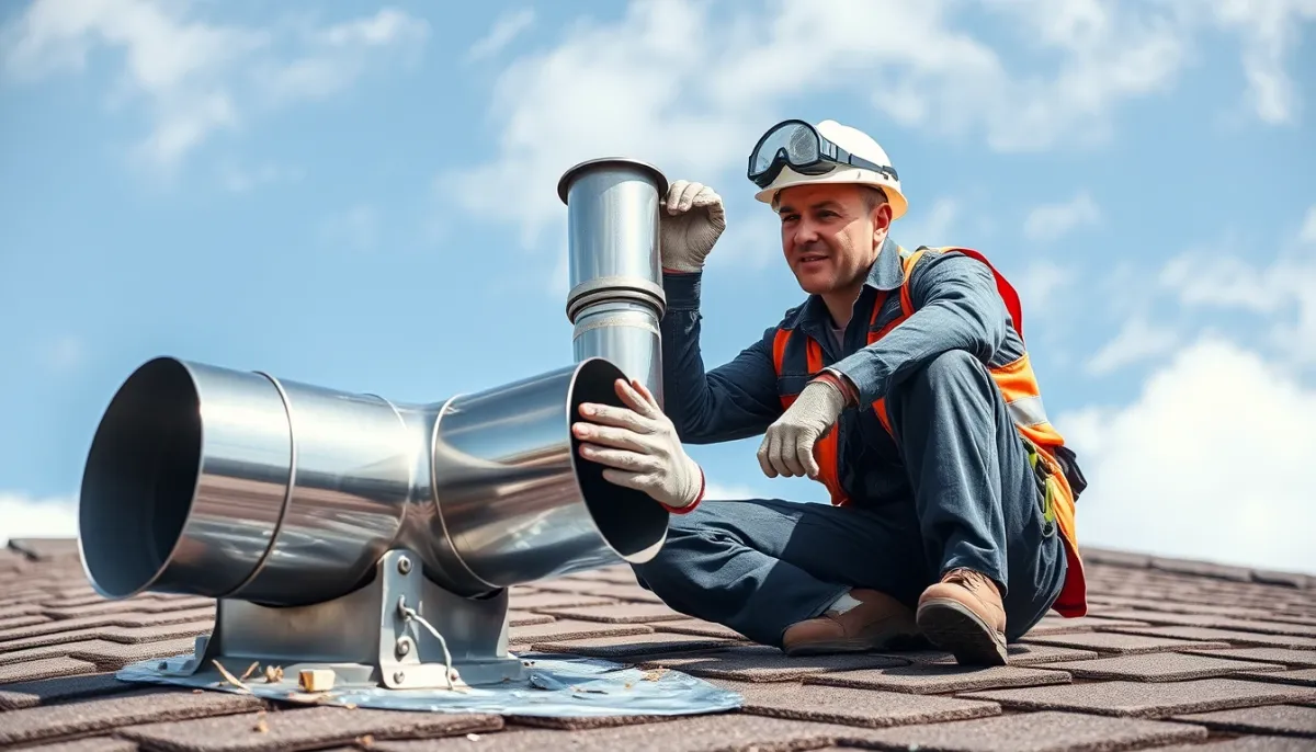 Professionnel qualifié installant un conduit de cheminée inox sur un toit
