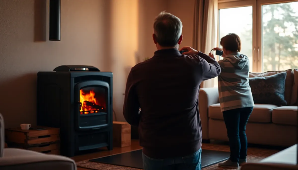 Poêle à granulés en fonctionnement dans un salon, avec une personne réglant le thermostat pour un confort optimal