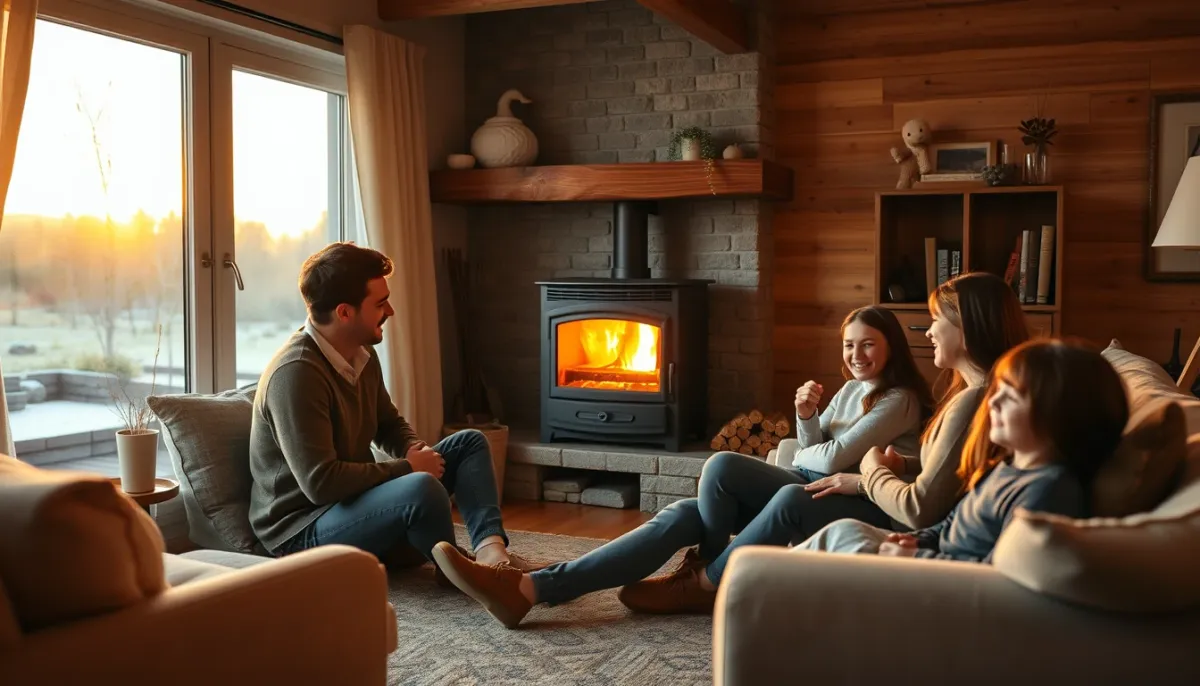 Famille se détendant dans un salon chauffé par un poêle à granulés, illustrant le confort pour les utilisateurs