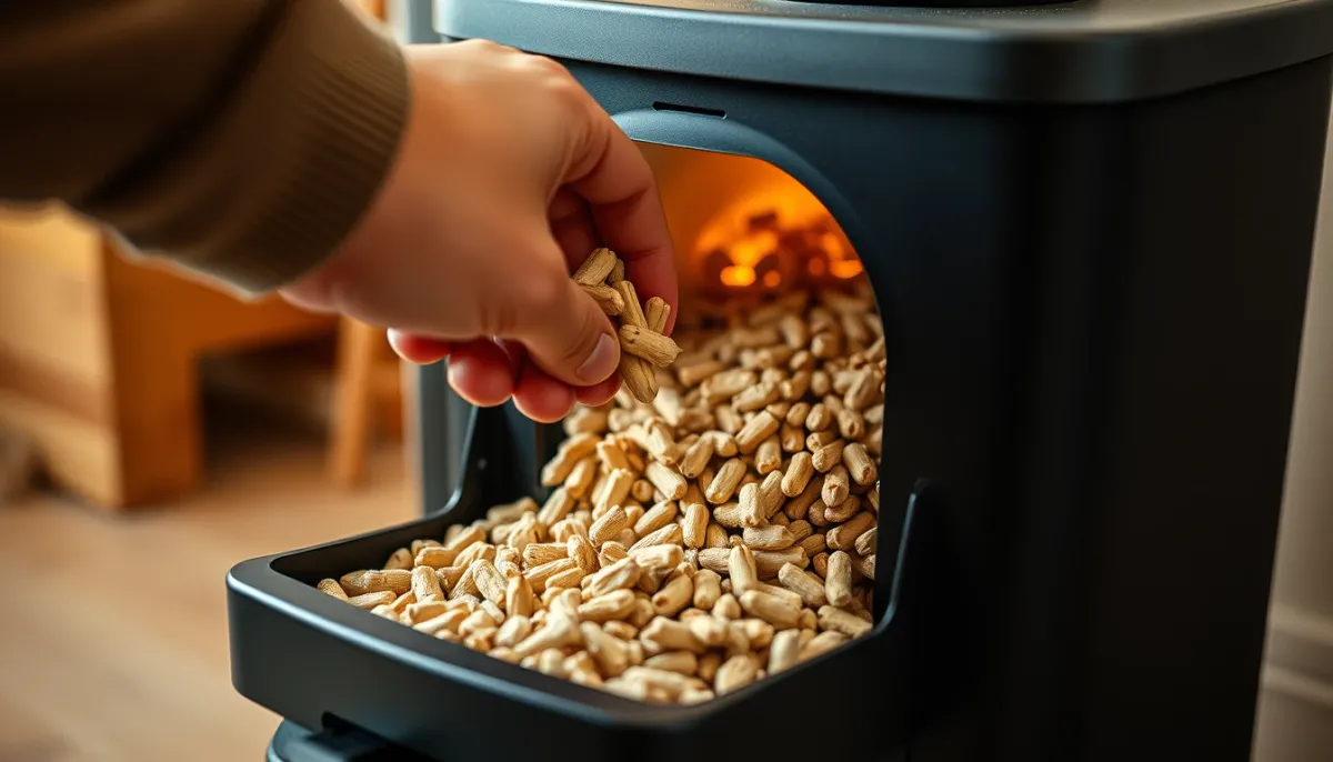 Main versant des granulés de bois dans la trémie d'un insert