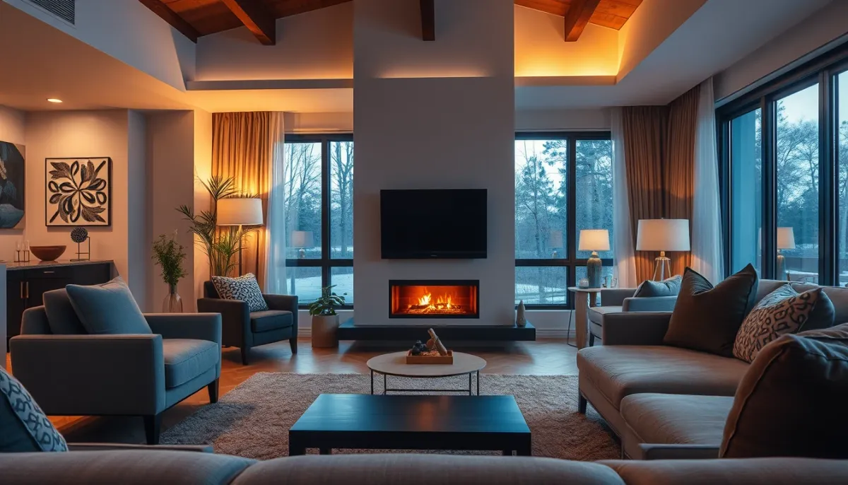 Salon confortable avec un insert à granulés en fonctionnement le soir
