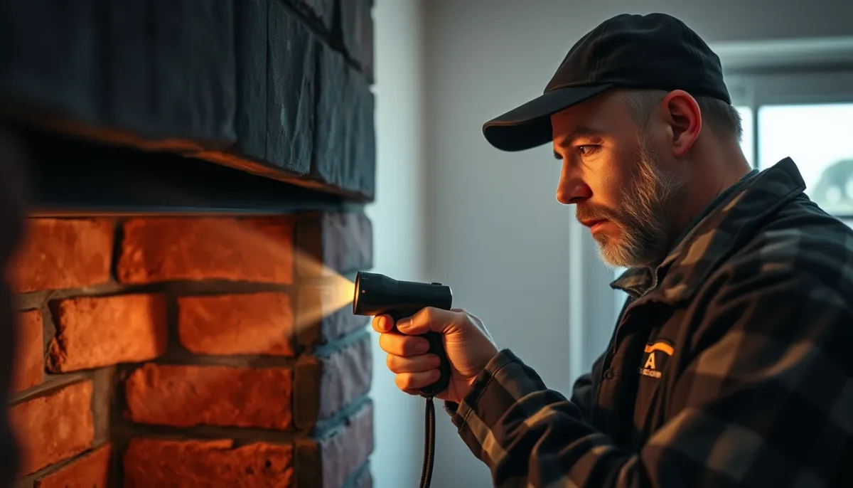 Ramoneur inspectant un conduit de poêle avec une lampe torche, vue de côté