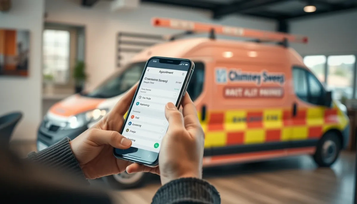 Personne prenant rendez-vous avec un ramoneur sur son smartphone, avec la camionnette du ramoneur en arrière-plan flou