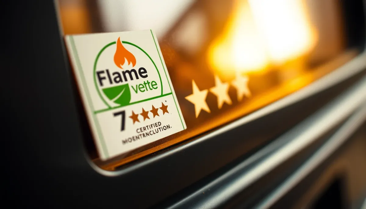 Gros plan sur le label Flamme verte 7 étoiles apposé sur un poêle à bois