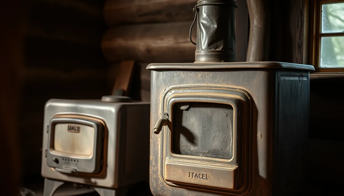 Vieux poêle à bois non certifié dans un intérieur rustique, illustrant les cas où le label Flamme verte n'est pas adapté