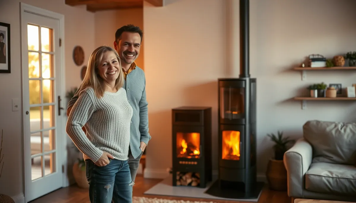 Couple souriant dans un salon confortable près d'un poêle à granulés Flamme verte
