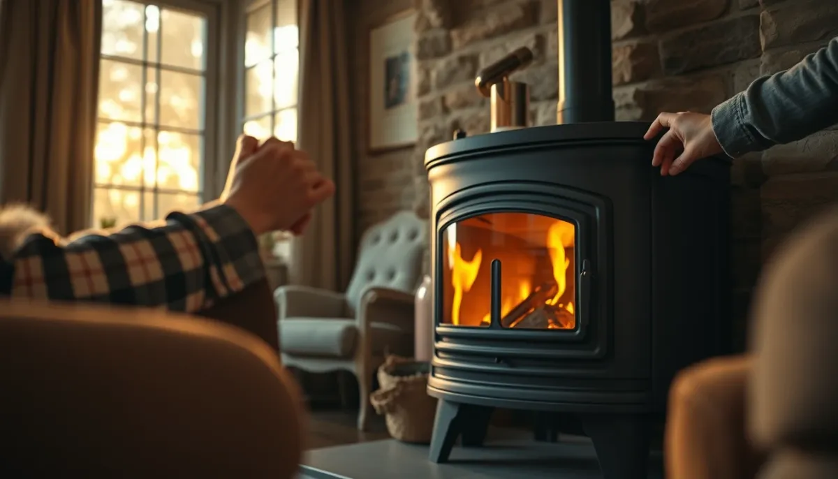 Ambiance chaleureuse dans un salon avec un poêle à granulés en fonctionnement et réglage du thermostat
