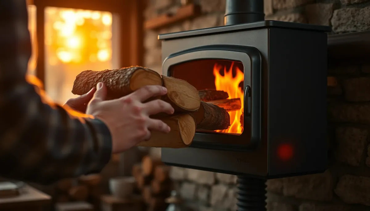Personne rechargeant un poêle à bois suspendu avec des bûches