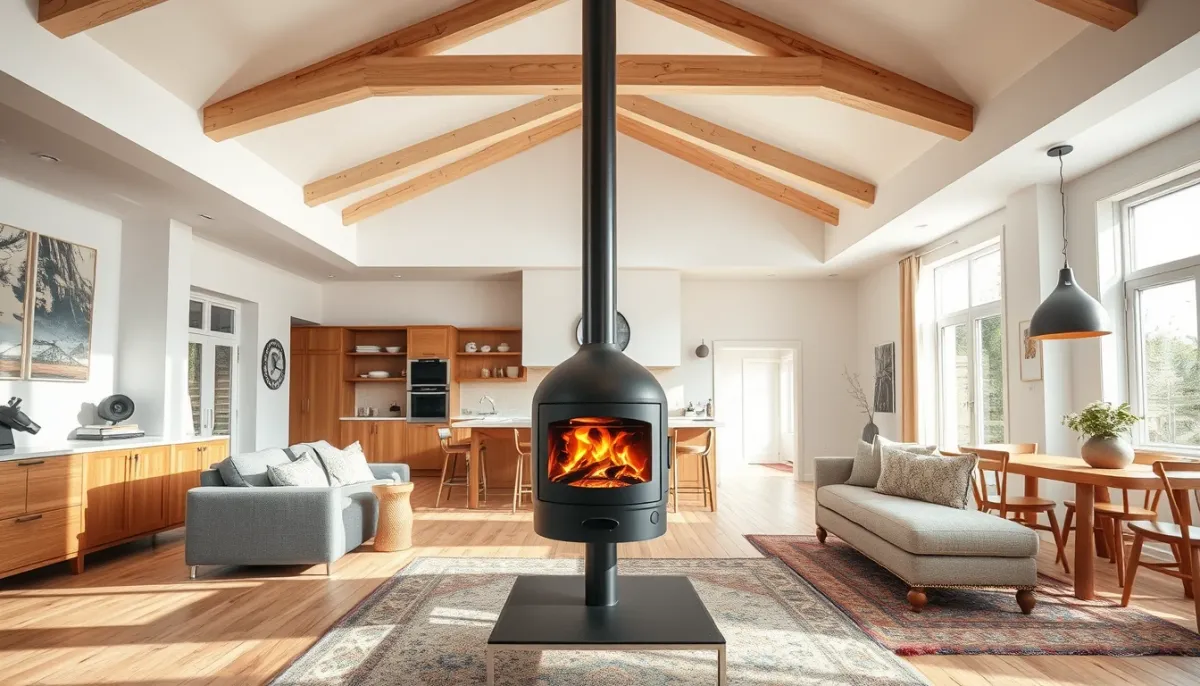 Poêle à bois suspendu dans un grand salon ouvert, idéal pour les maisons spacieuses