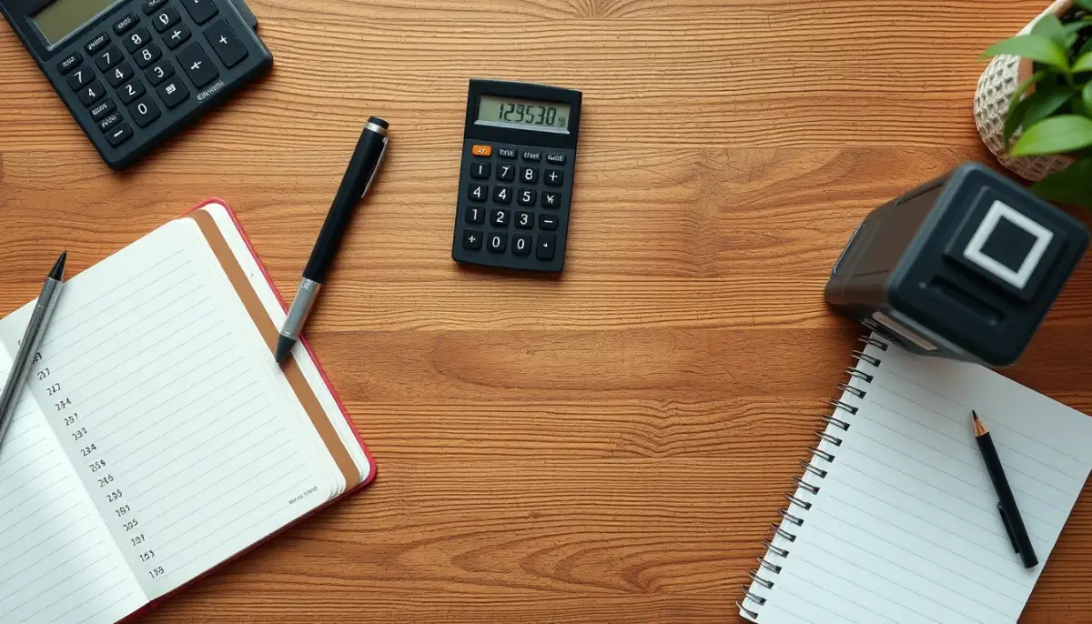 Table de planification budgétaire avec calculatrice et carnet, évoquant le prix d'un poêle