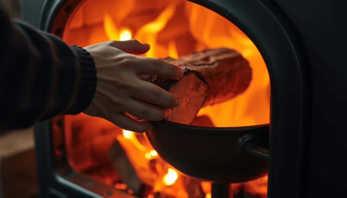 Personne rechargeant un poêle à bois en fonte avec une bûche, montrant l'utilisation quotidienne