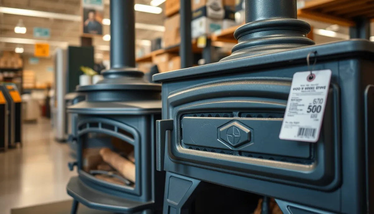 Poêles à bois en fonte et en acier avec étiquettes de prix en magasin