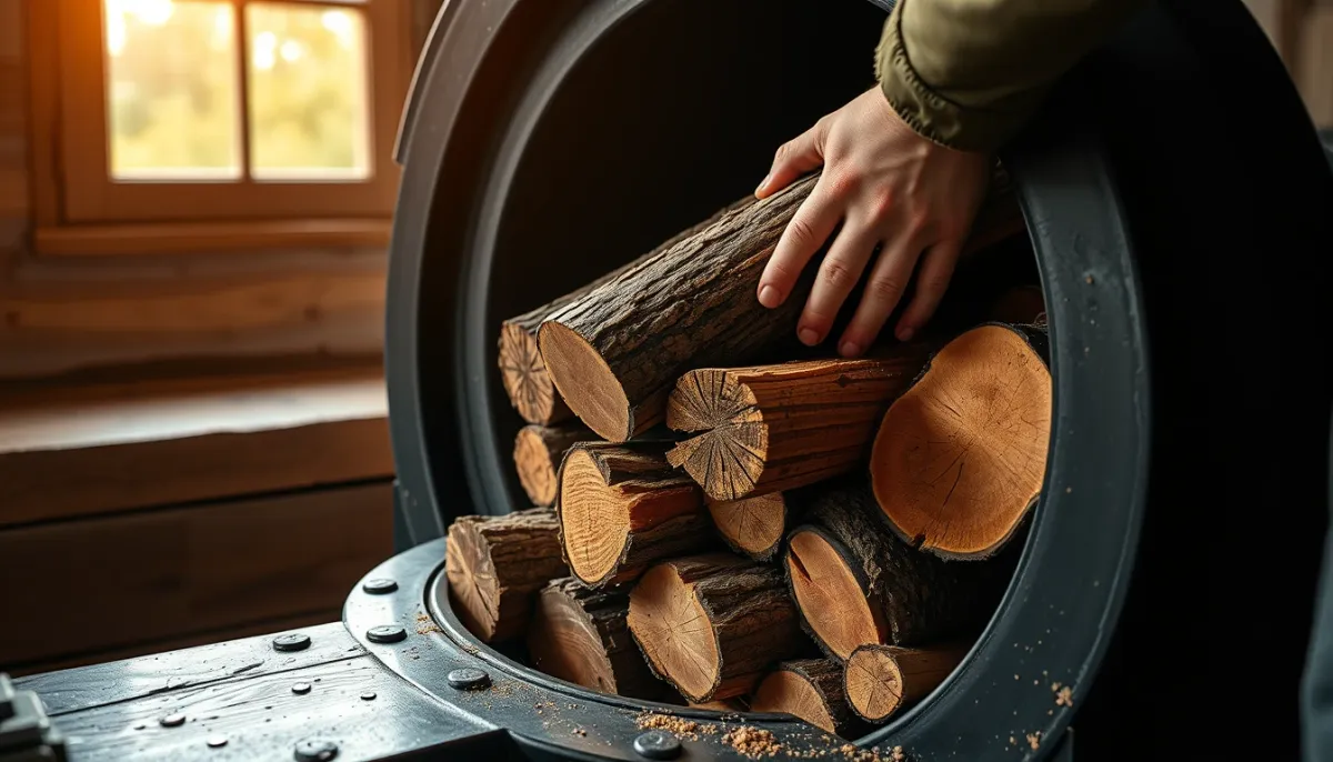 Chargement manuel de bûches de bois dans une chaudière mixte