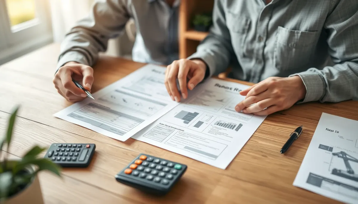 Propriétaire examinant des documents de rénovation énergétique à une table en bois
