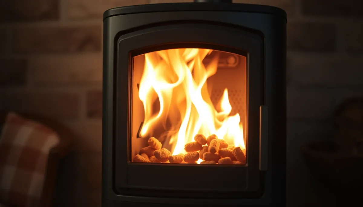 Poêle à granulés étanche en fonctionnement avec flamme visible et réservoir de granulés