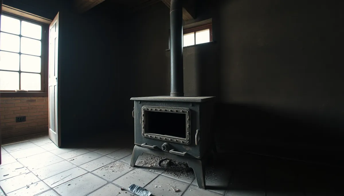Vieux poêle à bois usé dans une pièce sombre, illustrant une réparation non rentable