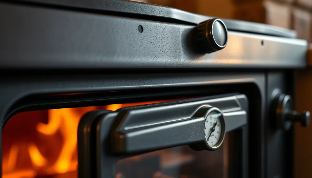 Gros plan sur les détails techniques d'un poêle à bois avec four, montrant le thermomètre et la porte du four