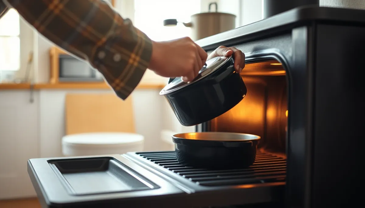 Mains plaçant une cocotte en fonte dans le four d'un poêle à bois
