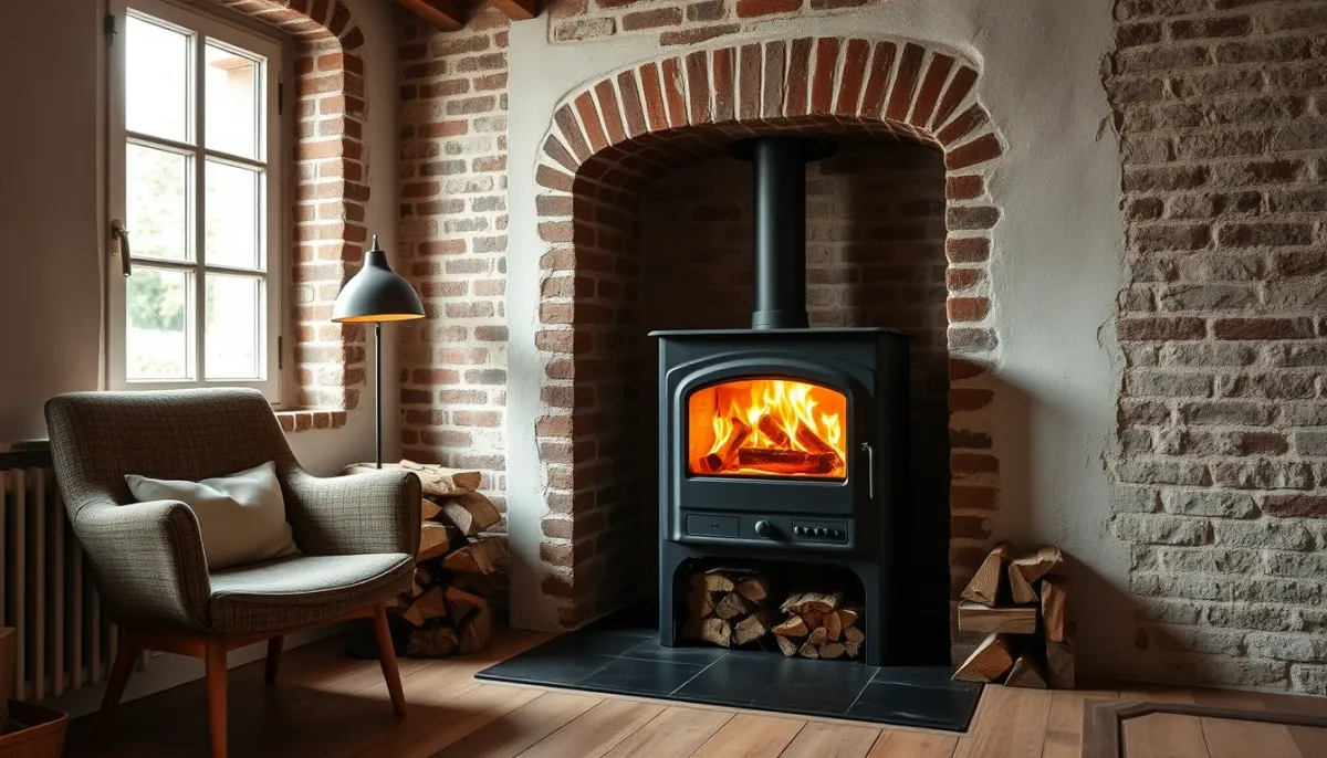 Poêle à bois avec four installé dans une maison ancienne rénovée du Pas-de-Calais