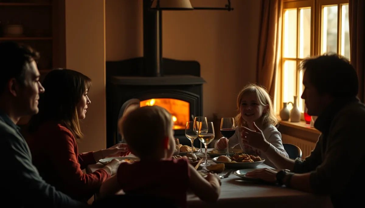 Ambiance conviviale autour d'un poêle à bois avec four lors d'un repas familial